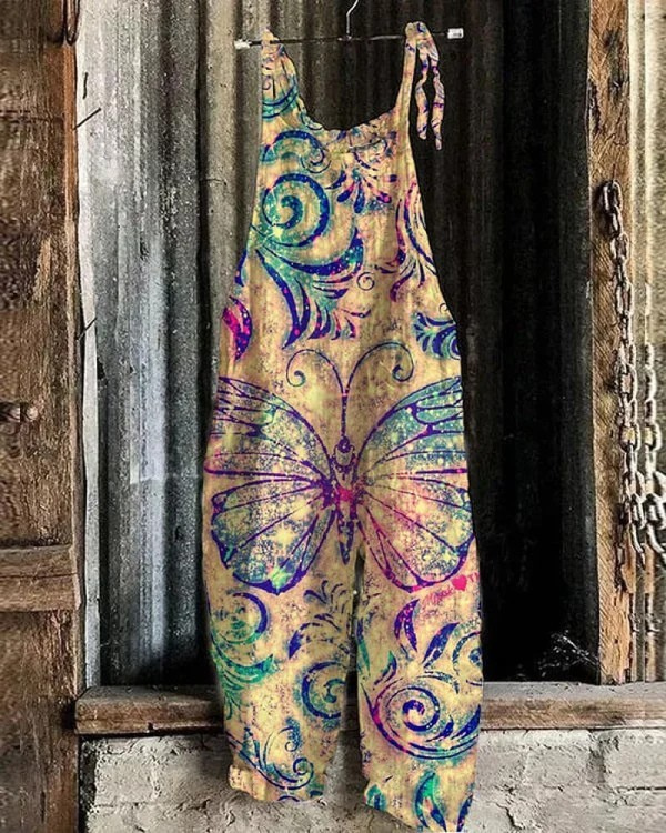 Vintage Damen Latzhose mit Schmetterlingsdruck - Komfort und Stil für jeden Anlass
