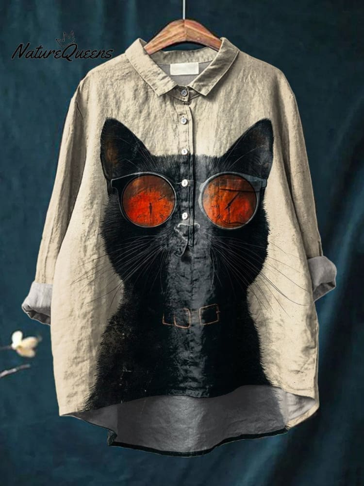 Vintage Lustiges Katzenkunst-Druck Lässiges Baumwoll- und Leinenhemd