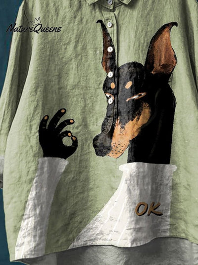 Vintage Lustiger Hund Kunstdruck Freizeit Baumwoll- und Leinenhemd