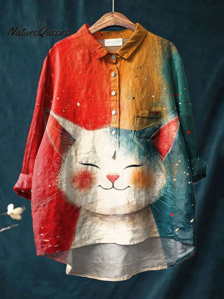 Damen Vintage Süßes Katzen Kunstdruck Freizeit Baumwolle und Leinen Shirt