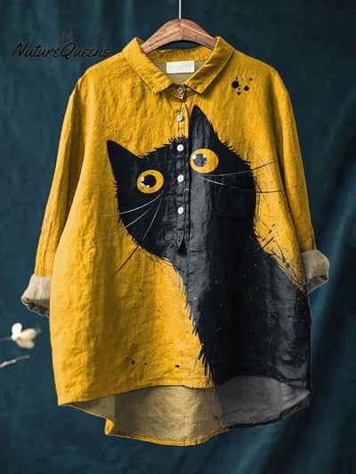 Vintage Liebenswerter Katzenkunst-Druck Lässiges Baumwoll- und Leinenhemd