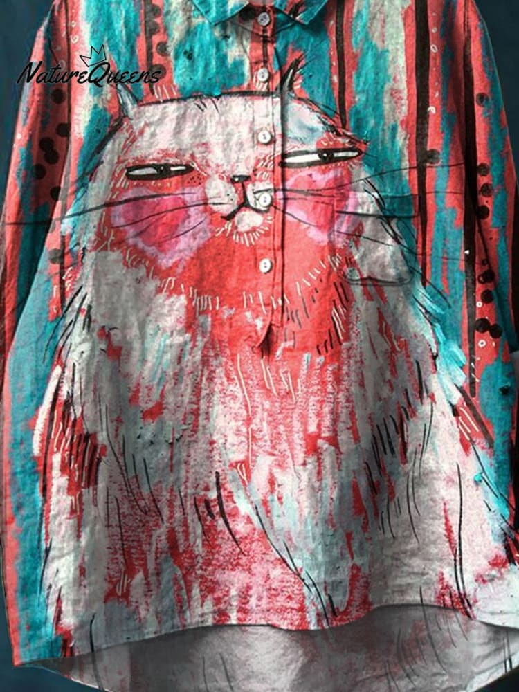Vintage Lustiges Katzen Kunstdruck Lässiges Baumwoll- und Leinenhemd