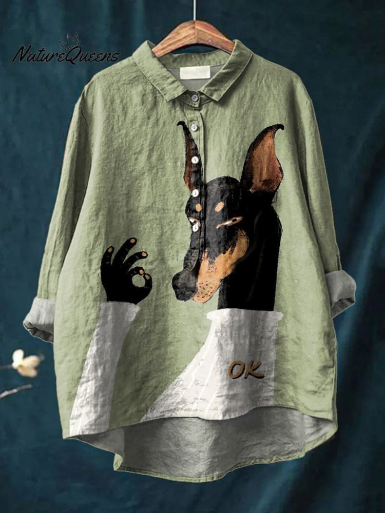 Vintage Lustiger Hund Kunstdruck Freizeit Baumwoll- und Leinenhemd