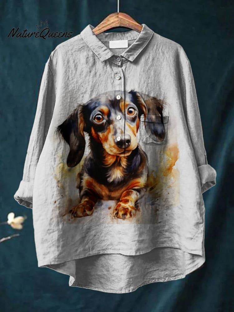 Lustiger Hundekunst-Druck Damen Casual Baumwoll- und Leinenhemd