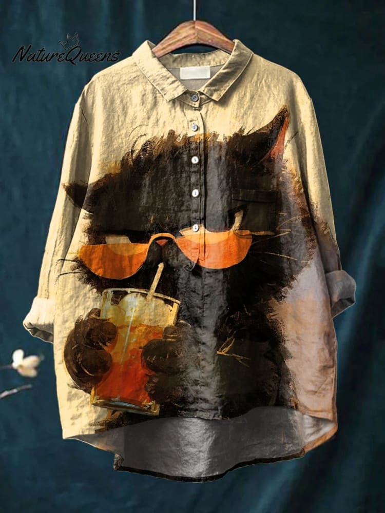 Damen Vintage Süßes Katzen Kunstprint Lässiges Baumwoll- und Leinenhemd