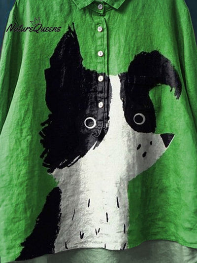 Vintage Lustiger Hundekunst Druck Lässiges Baumwoll- und Leinenhemd