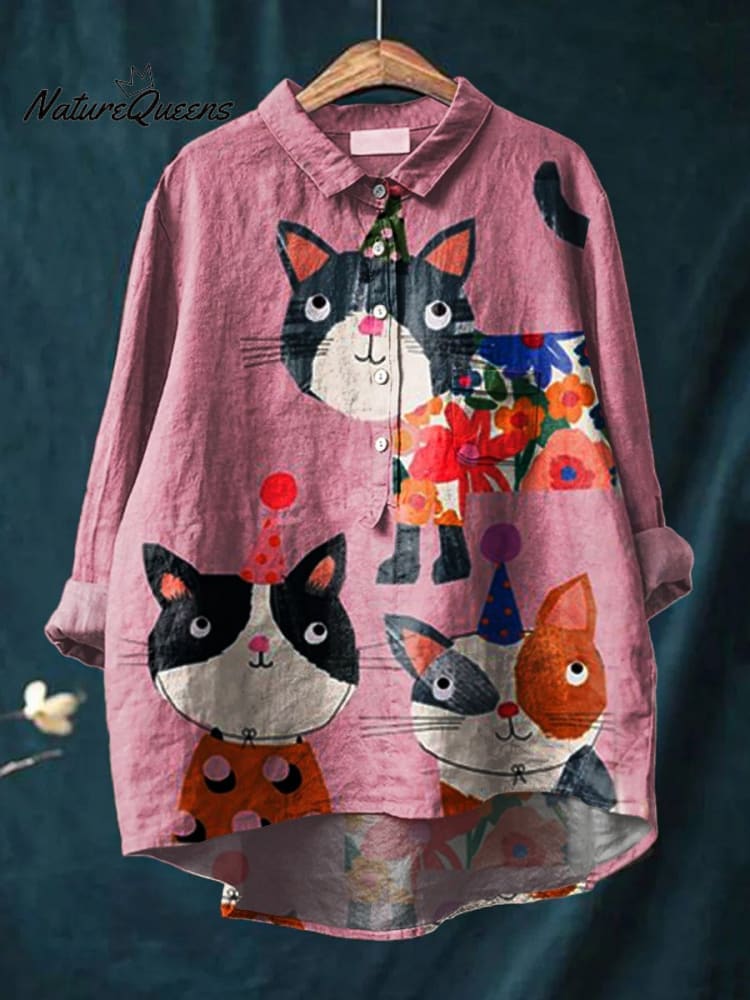 Damen Katzen Kunst Druck Lässiges Baumwoll- und Leinenhemd