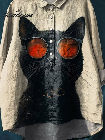 Vintage Lustiges Katzenkunst-Druck Lässiges Baumwoll- und Leinenhemd
