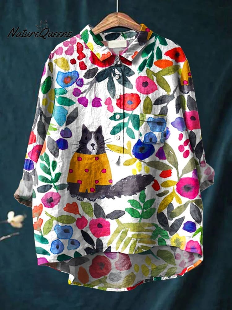 Damen Katze Kunstdruck Freizeit Baumwoll- und Leinenhemd