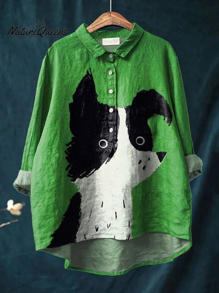 Vintage Lustiger Hundekunst Druck Lässiges Baumwoll- und Leinenhemd