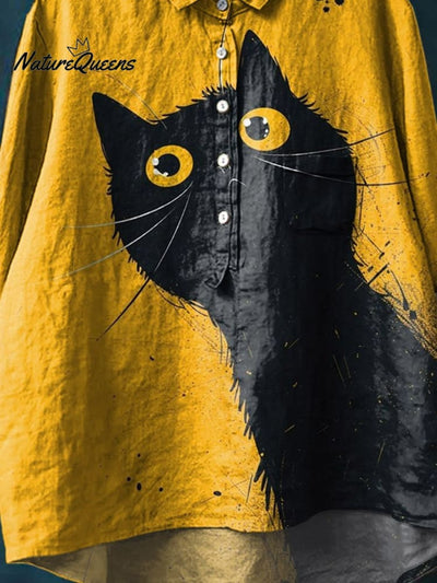 Vintage Liebenswerter Katzenkunst-Druck Lässiges Baumwoll- und Leinenhemd