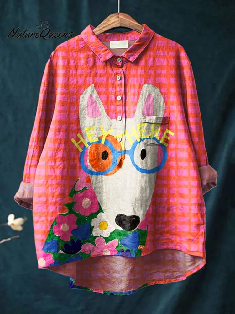 Damen Rabbit Kunstdruck Lässiges Baumwoll- und Leinenhemd